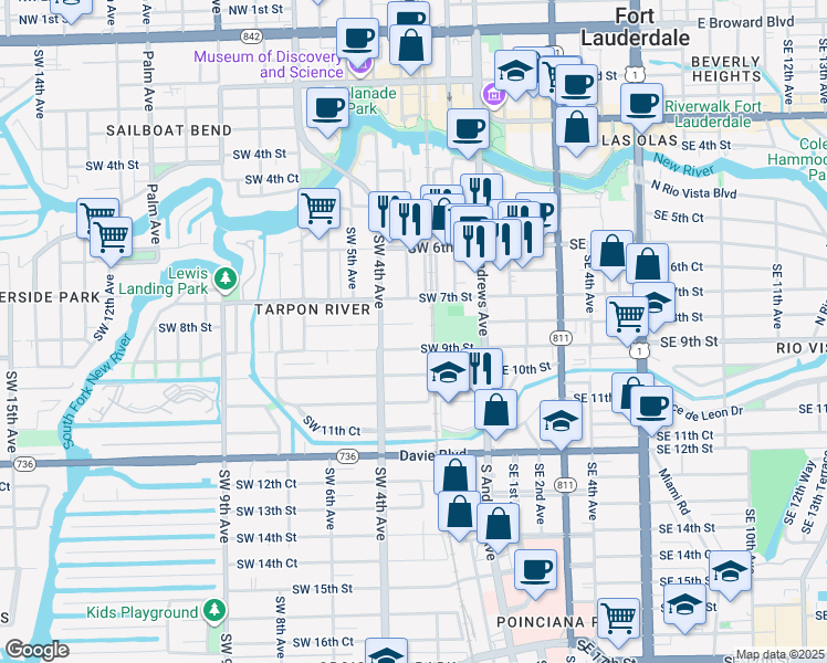 map of restaurants, bars, coffee shops, grocery stores, and more near 304 Southwest 8th Street in Fort Lauderdale