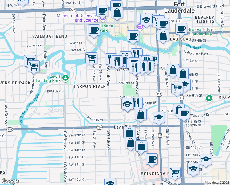 map of restaurants, bars, coffee shops, grocery stores, and more near 304 Southwest 8th Street in Fort Lauderdale