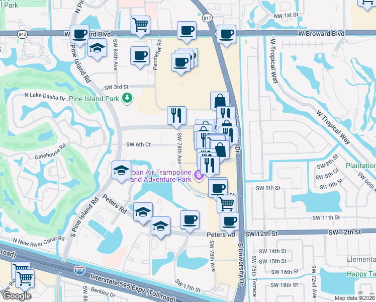 map of restaurants, bars, coffee shops, grocery stores, and more near 700 Southwest 78th Avenue in Plantation