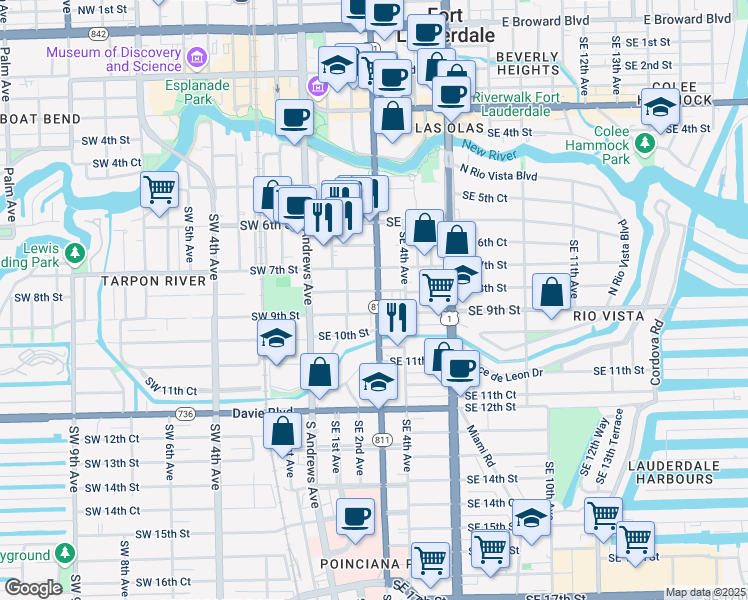 map of restaurants, bars, coffee shops, grocery stores, and more near 805 Southeast 3rd Avenue in Fort Lauderdale