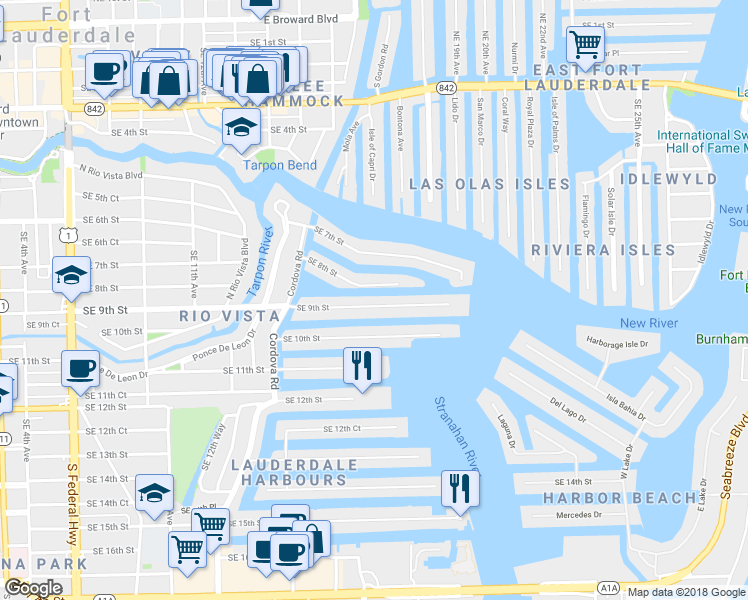 map of restaurants, bars, coffee shops, grocery stores, and more near 1739 Southeast 9th Street in Fort Lauderdale