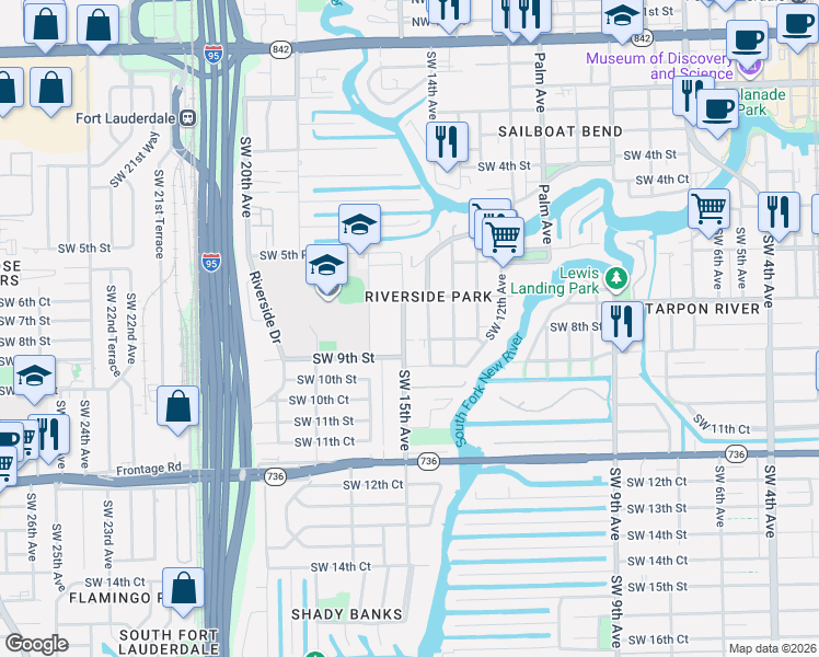 map of restaurants, bars, coffee shops, grocery stores, and more near 730 Southwest 15th Avenue in Fort Lauderdale