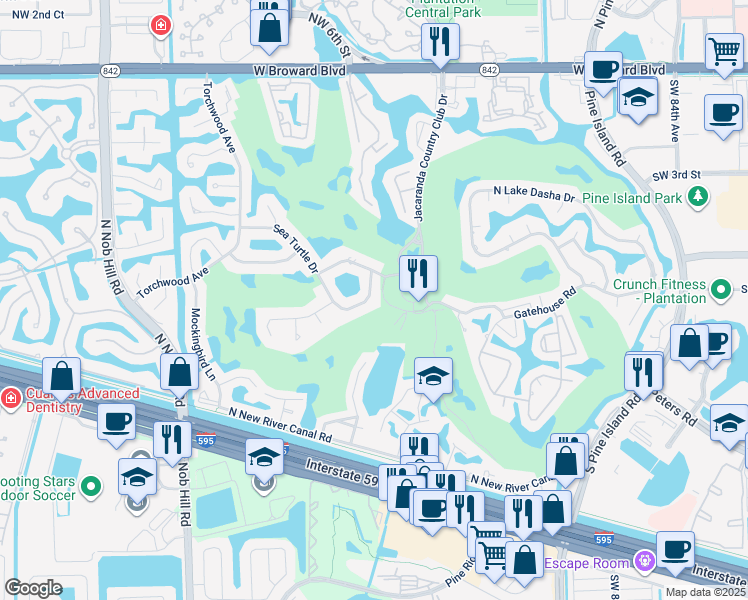 map of restaurants, bars, coffee shops, grocery stores, and more near 630 Sea Turtle Way in Plantation