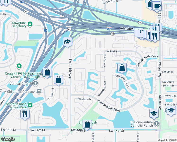map of restaurants, bars, coffee shops, grocery stores, and more near 14560 Fairfax Place in Davie
