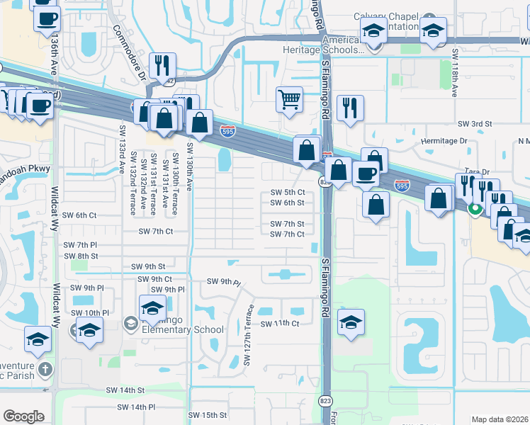 map of restaurants, bars, coffee shops, grocery stores, and more near 12651 Southwest 6th Court in Davie