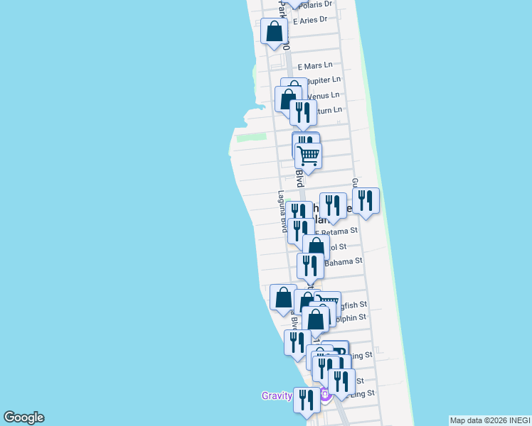 map of restaurants, bars, coffee shops, grocery stores, and more near 213 West Huisache Street in South Padre Island