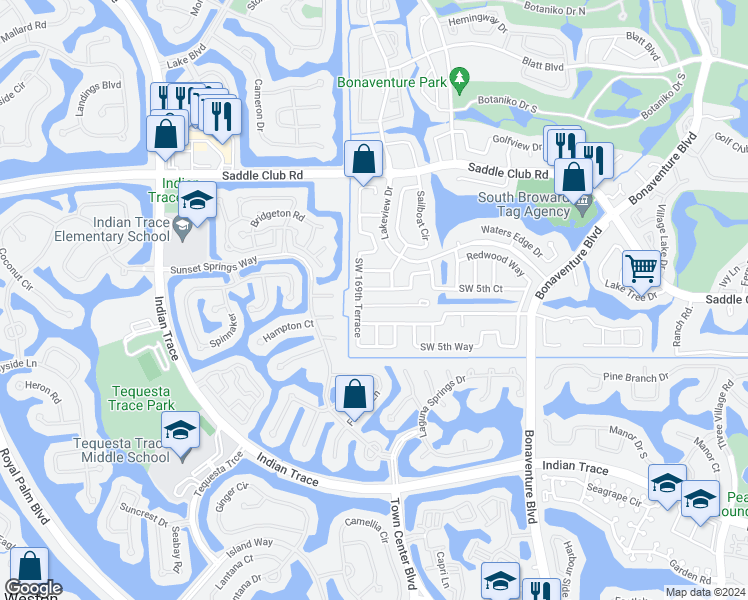 map of restaurants, bars, coffee shops, grocery stores, and more near 16911 Crestview Lane in Weston