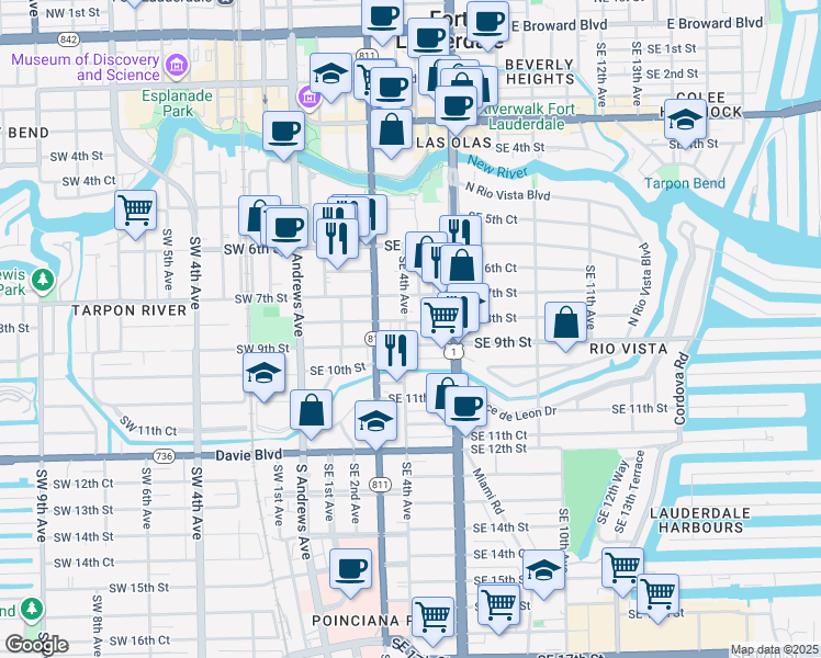 map of restaurants, bars, coffee shops, grocery stores, and more near 400 Southeast 8th Street in Fort Lauderdale