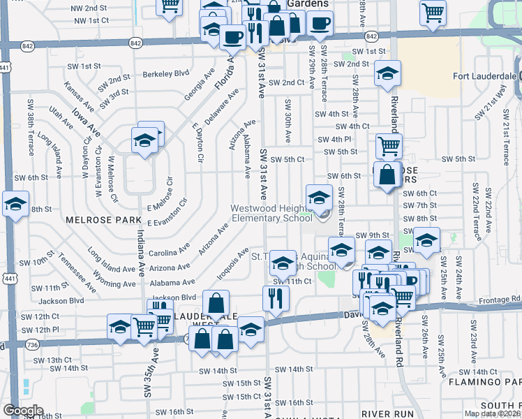 map of restaurants, bars, coffee shops, grocery stores, and more near 3040 Southwest 7th Street in Fort Lauderdale