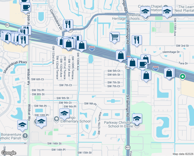 map of restaurants, bars, coffee shops, grocery stores, and more near 13 Forest Lane in Davie