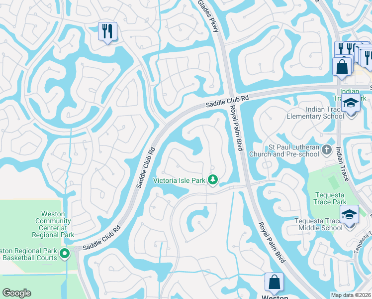 map of restaurants, bars, coffee shops, grocery stores, and more near 1788 Victoria Pointe Circle in Weston