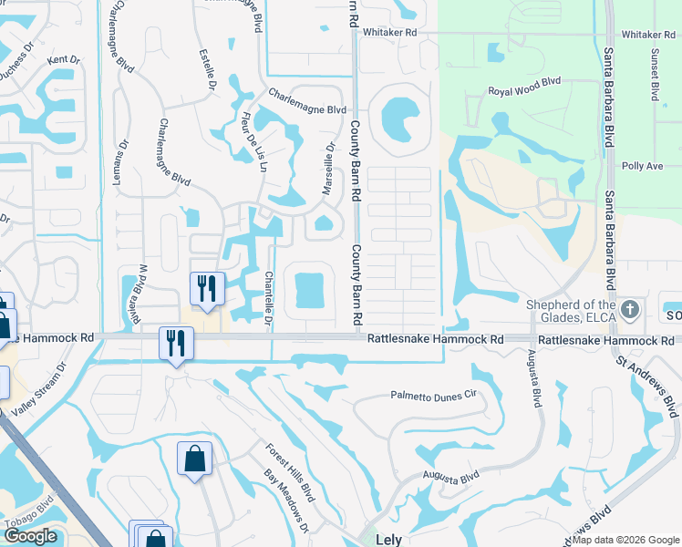 map of restaurants, bars, coffee shops, grocery stores, and more near 5786 Greenwood Circle in Naples