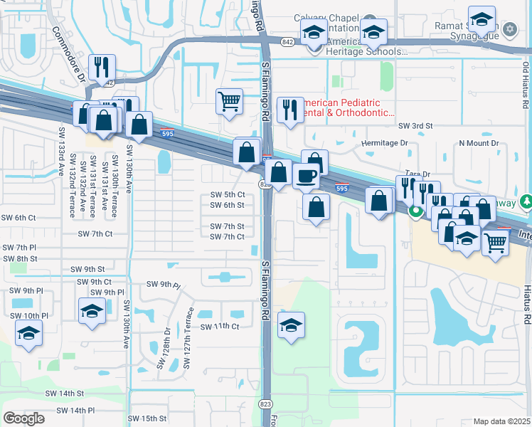 map of restaurants, bars, coffee shops, grocery stores, and more near 595 South Flamingo Road in Davie