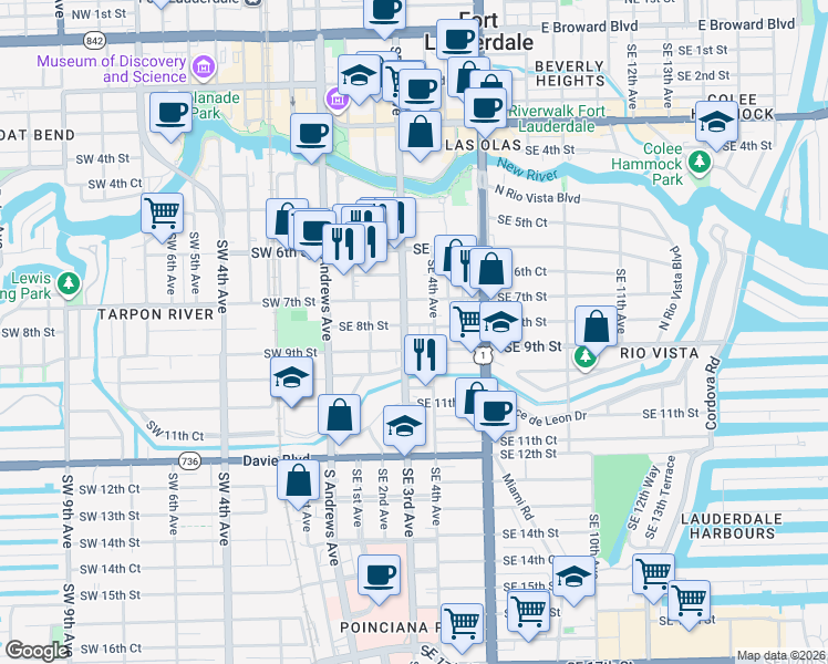 map of restaurants, bars, coffee shops, grocery stores, and more near 220 Southeast 8th Street in Fort Lauderdale