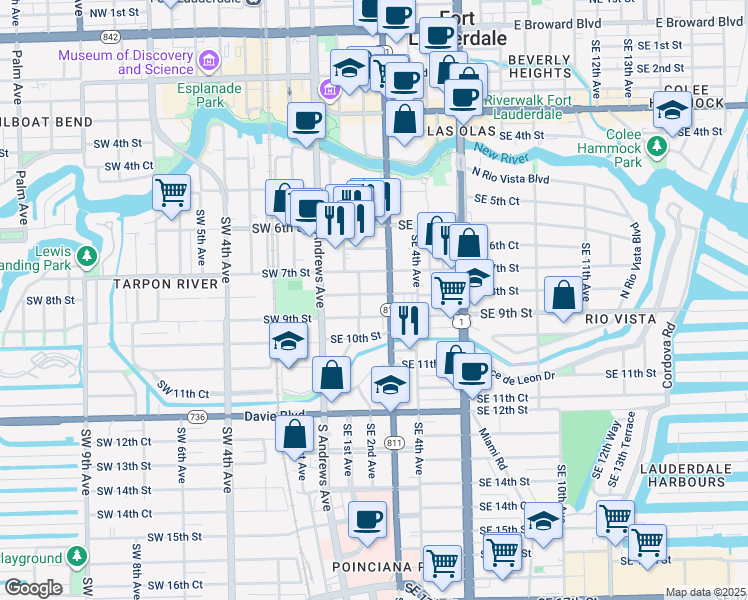 map of restaurants, bars, coffee shops, grocery stores, and more near 220 Southeast 8th Street in Fort Lauderdale