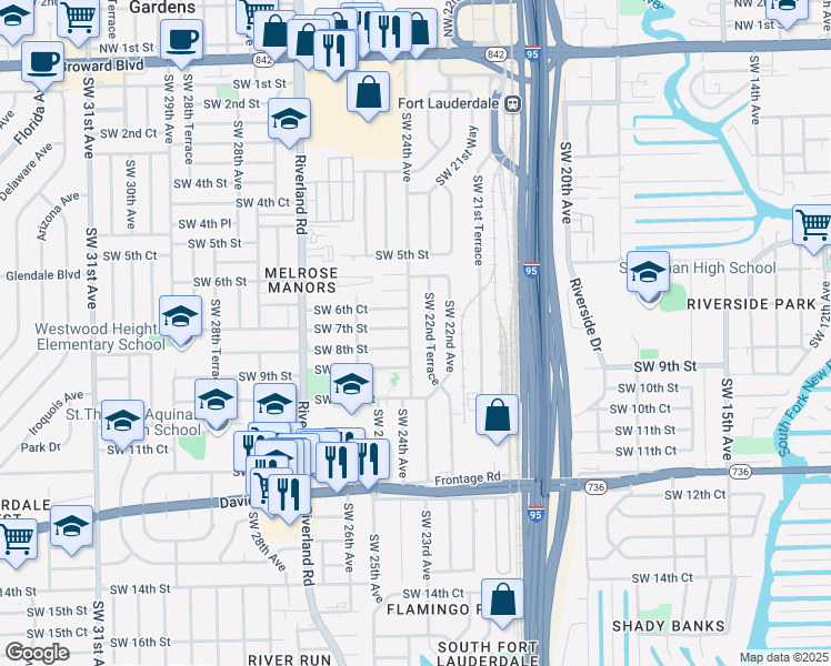 map of restaurants, bars, coffee shops, grocery stores, and more near 704 Southwest 24th Avenue in Fort Lauderdale