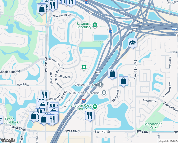 map of restaurants, bars, coffee shops, grocery stores, and more near 616 Woodgate Circle in Sunrise