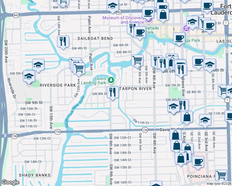 map of restaurants, bars, coffee shops, grocery stores, and more near 800 Southwest 8th Terrace in Fort Lauderdale