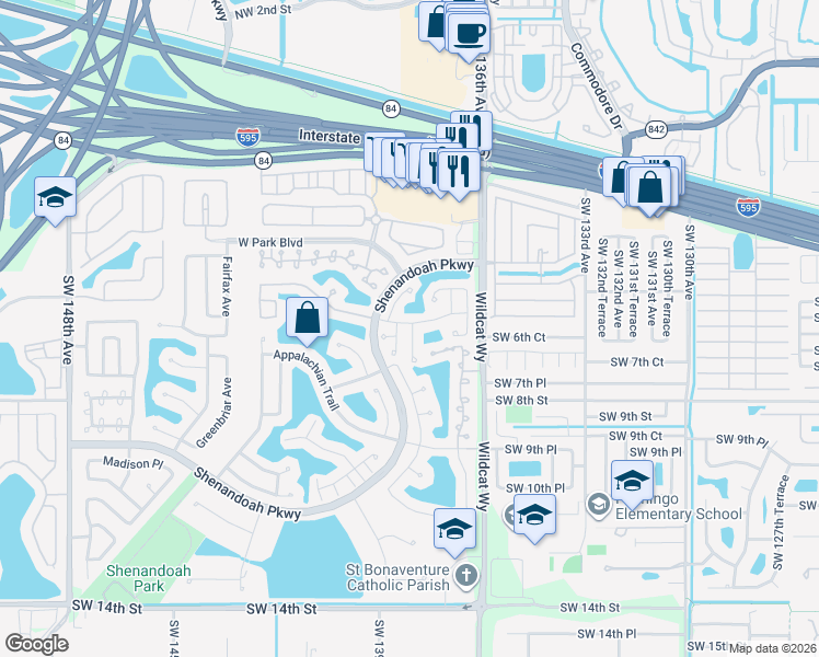 map of restaurants, bars, coffee shops, grocery stores, and more near 13750 Oak Ridge Drive in Davie