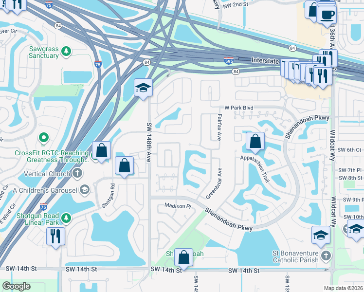 map of restaurants, bars, coffee shops, grocery stores, and more near 14560 Fairfax Place in Davie