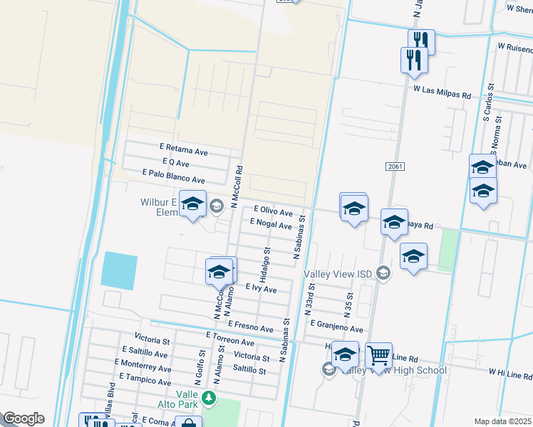 map of restaurants, bars, coffee shops, grocery stores, and more near 2908 East Olivo Avenue in Hidalgo