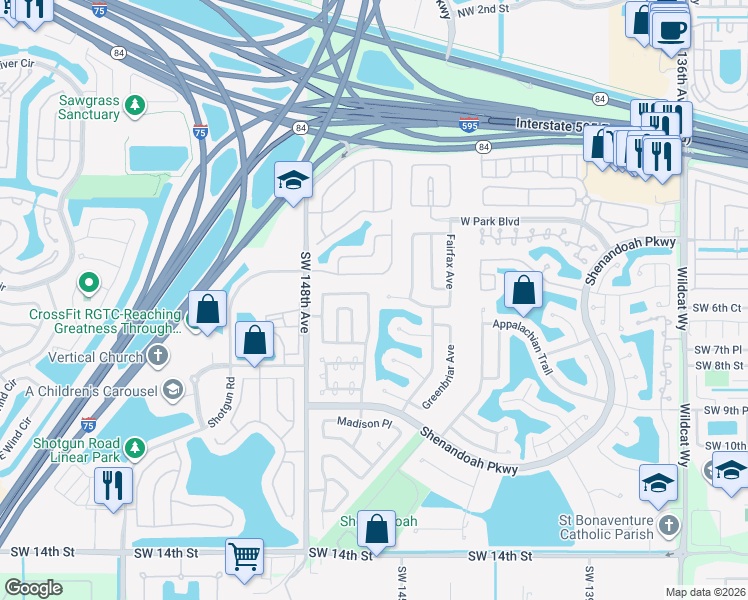 map of restaurants, bars, coffee shops, grocery stores, and more near 14560 Fairfax Place in Davie