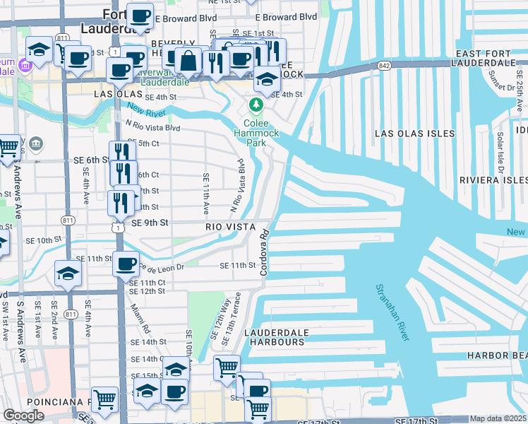 map of restaurants, bars, coffee shops, grocery stores, and more near 1412 Ponce De Leon Drive in Fort Lauderdale