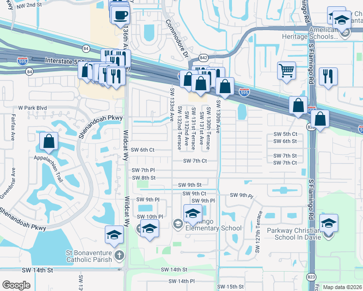map of restaurants, bars, coffee shops, grocery stores, and more near 617 Southwest 132nd Avenue in Davie