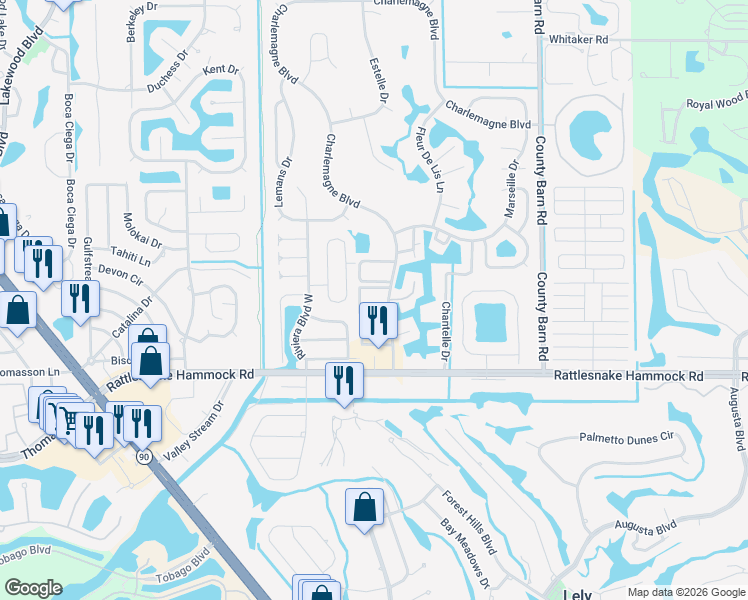 map of restaurants, bars, coffee shops, grocery stores, and more near 372 Charlemagne Boulevard in Naples