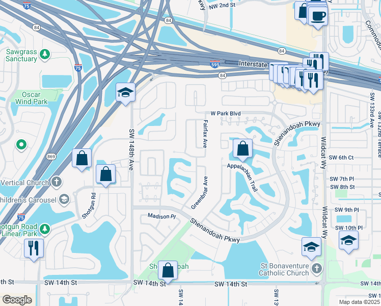 map of restaurants, bars, coffee shops, grocery stores, and more near 14451 Fairfax Place in Davie