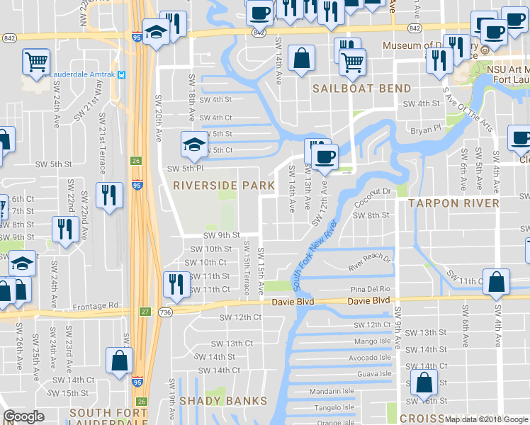 map of restaurants, bars, coffee shops, grocery stores, and more near 720 Southwest 15th Avenue in Fort Lauderdale