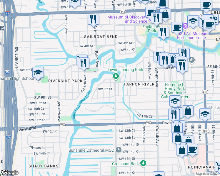 map of restaurants, bars, coffee shops, grocery stores, and more near 721 Southwest 9th Terrace in Fort Lauderdale