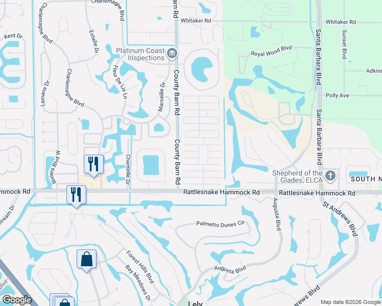 map of restaurants, bars, coffee shops, grocery stores, and more near 233 Foxwood Lane in Naples