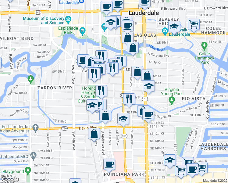 map of restaurants, bars, coffee shops, grocery stores, and more near 817 Southeast 2nd Avenue in Fort Lauderdale