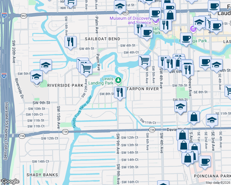 map of restaurants, bars, coffee shops, grocery stores, and more near 721 Southwest 9th Terrace in Fort Lauderdale