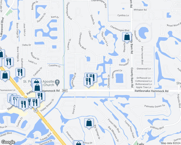 map of restaurants, bars, coffee shops, grocery stores, and more near 71 San Remo Circle in Naples