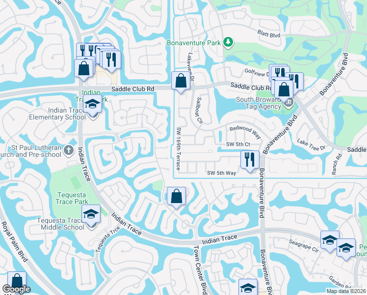map of restaurants, bars, coffee shops, grocery stores, and more near 16911 Southwest 5th Court in Weston