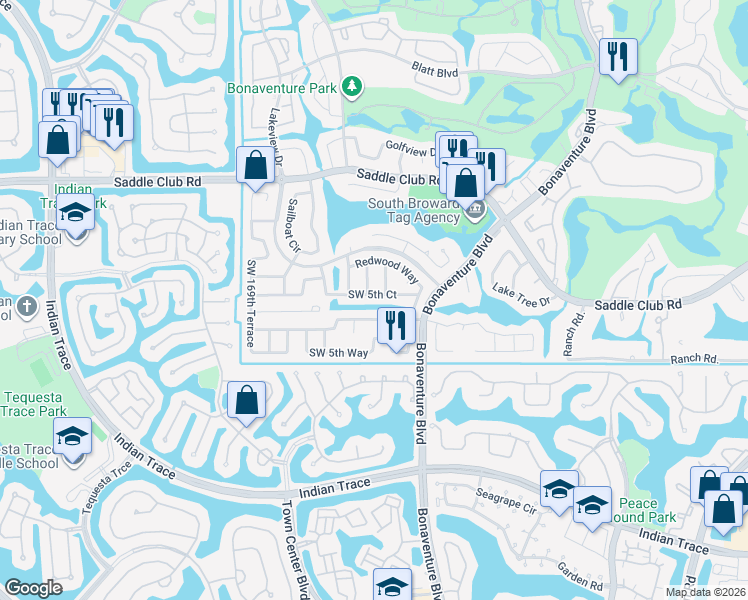 map of restaurants, bars, coffee shops, grocery stores, and more near 16721 Southwest 5th Court in Weston