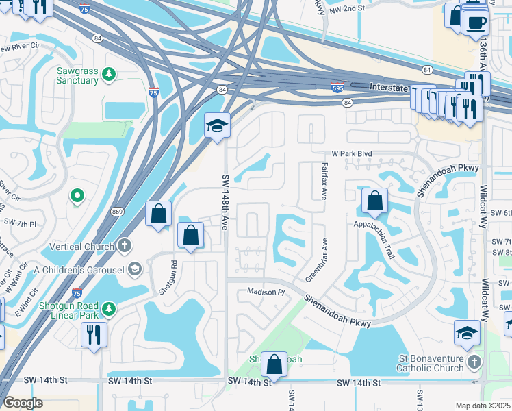 map of restaurants, bars, coffee shops, grocery stores, and more near 14640 Cedar Creek Place in Davie