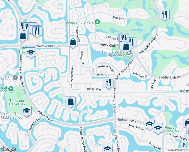 map of restaurants, bars, coffee shops, grocery stores, and more near 16811 Southwest 5th Court in Weston
