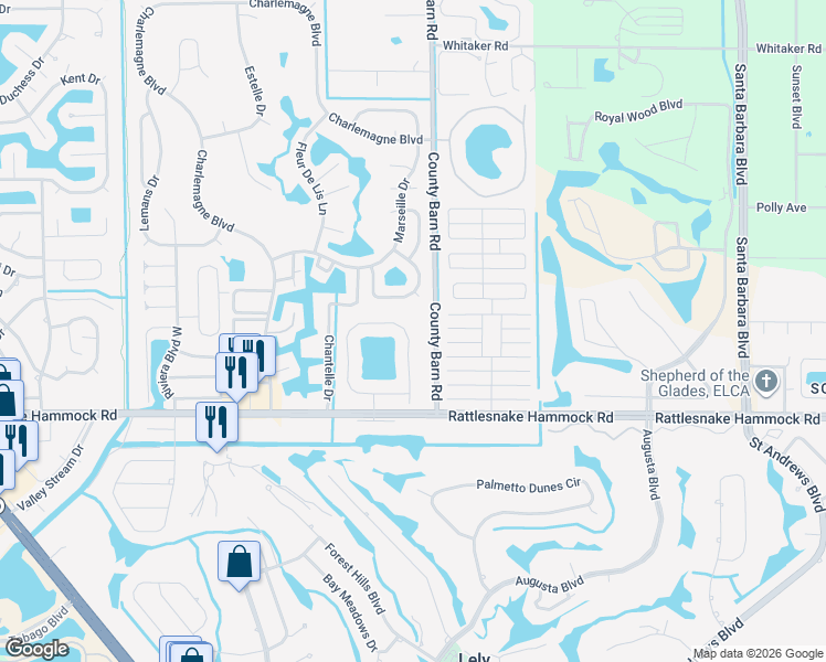 map of restaurants, bars, coffee shops, grocery stores, and more near 5786 Greenwood Circle in Naples