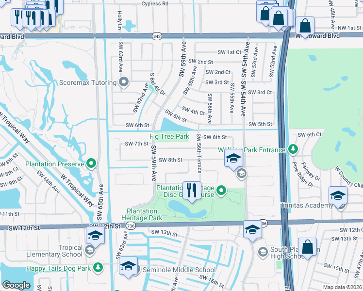 map of restaurants, bars, coffee shops, grocery stores, and more near 5741 Southwest 7th Street in Plantation
