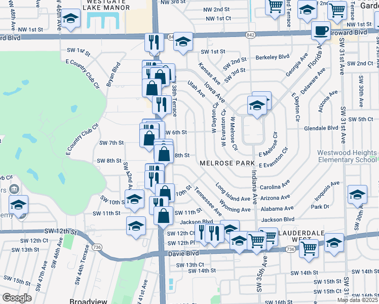 map of restaurants, bars, coffee shops, grocery stores, and more near 730 Southwest 38th Avenue in Fort Lauderdale