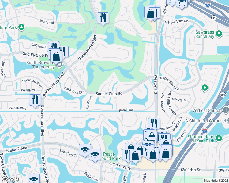 map of restaurants, bars, coffee shops, grocery stores, and more near 16299 Laurel Drive in Weston