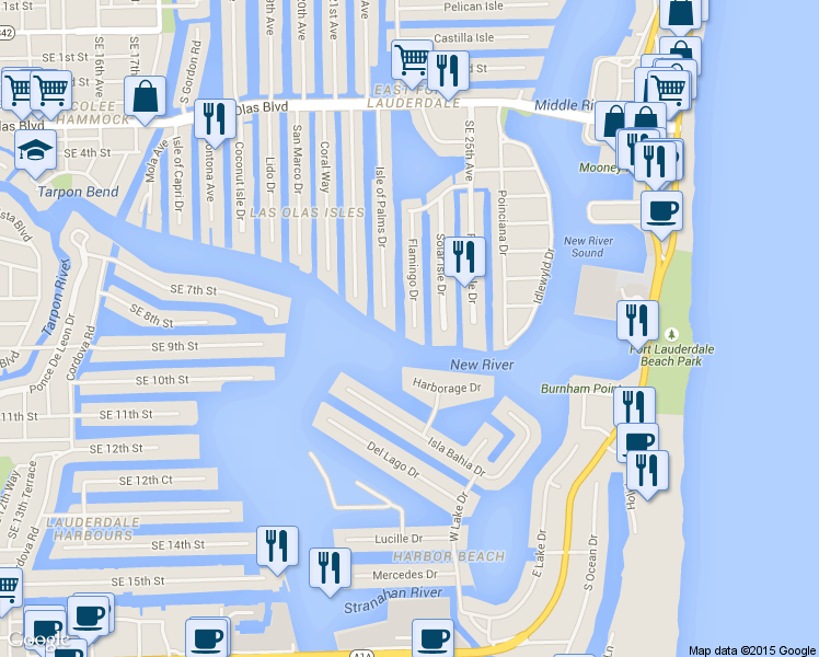 map of restaurants, bars, coffee shops, grocery stores, and more near 851 Flamingo Drive in Fort Lauderdale