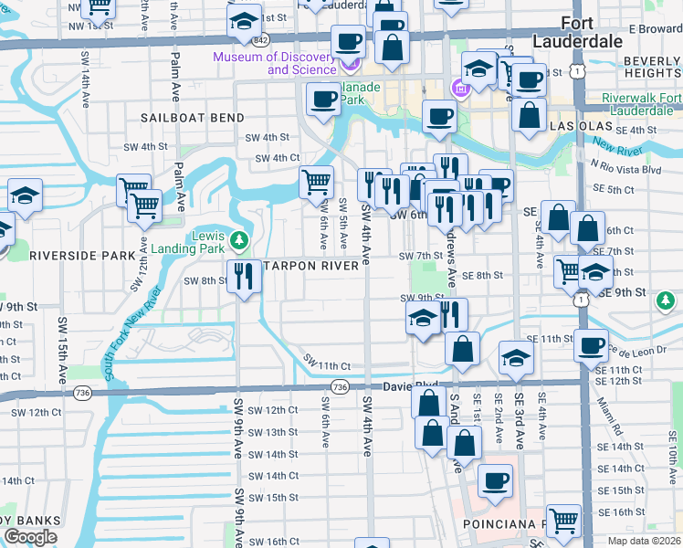 map of restaurants, bars, coffee shops, grocery stores, and more near 417 Southwest 8th Street in Fort Lauderdale