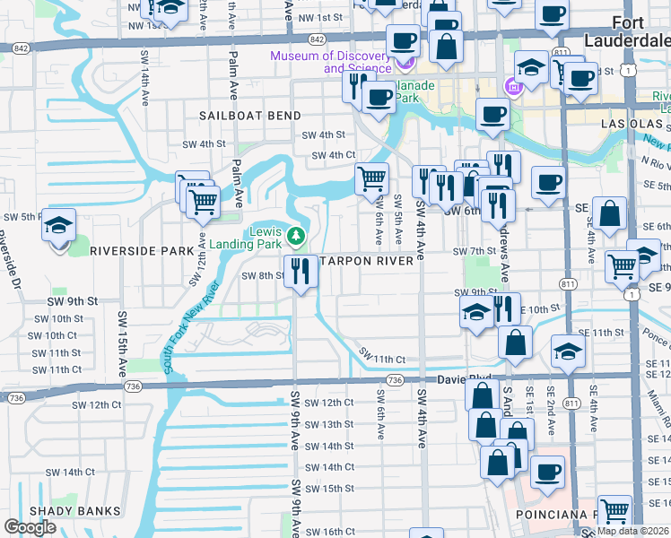 map of restaurants, bars, coffee shops, grocery stores, and more near 723 Southwest 8th Avenue in Fort Lauderdale