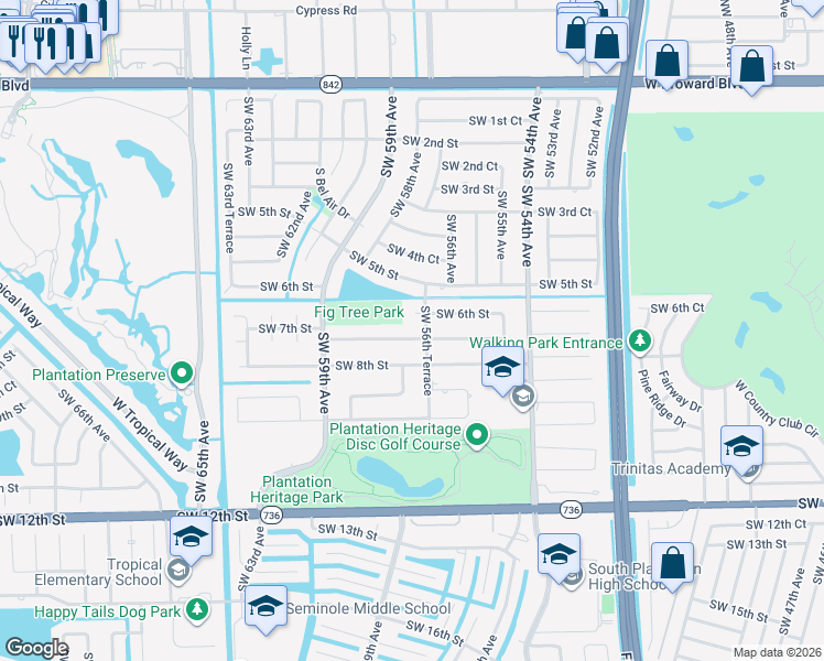 map of restaurants, bars, coffee shops, grocery stores, and more near in Davie