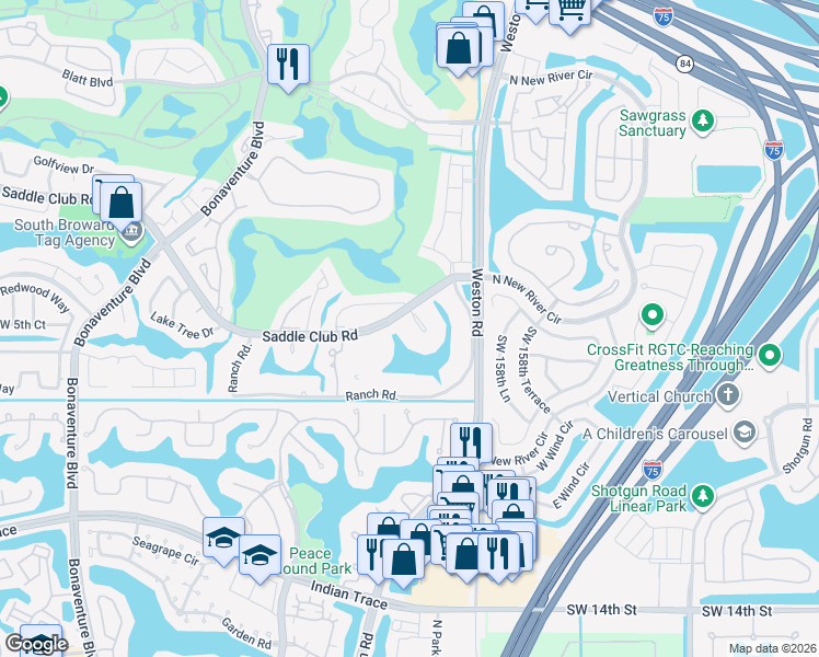 map of restaurants, bars, coffee shops, grocery stores, and more near 16180 Saddle Lane in Weston