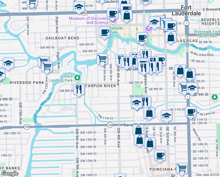 map of restaurants, bars, coffee shops, grocery stores, and more near 417 Southwest 8th Street in Fort Lauderdale